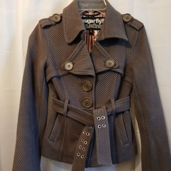 SUGAR FLY Peacoat womens XS Brown softshell woven Seersucker look Sexy Coat! - Picture 2 of 13